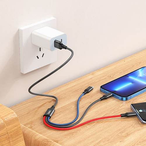 USB дата кабель Lightning+Micro+Type-C, X76, HOCO, черный, красный, синий
