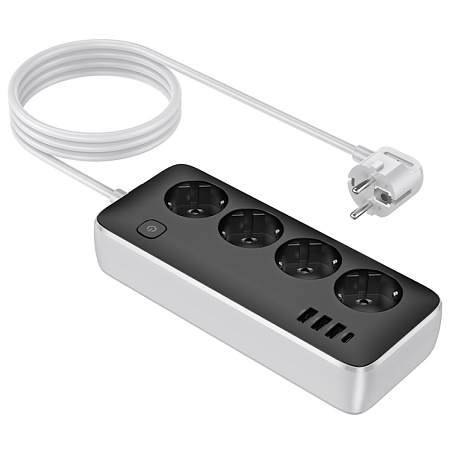 Сетевой фильтр на 4 розетки+3 USB+1 PD, 1.5 м, AC21, Sunlight, HOCO, черный