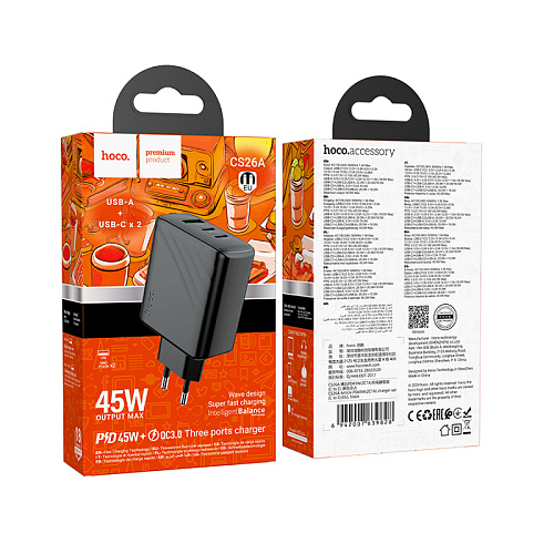 Сетевое зарядное устройство, 2 PD 45W + 1 USB 3.0 QC (CS26A), HOCO, черный