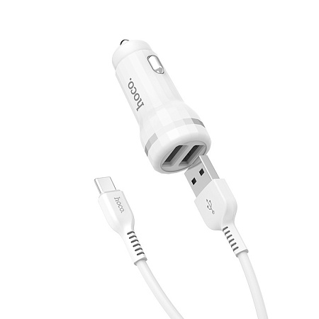Автомобильное зарядное устройство, 2 USB 2.4A (Z27), usb cable Type-C, HOCO, белый