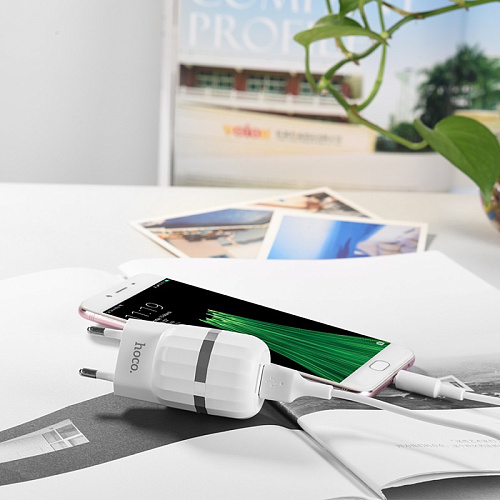 Сетевое зарядное устройство, 2 USB 2.4A (C41A), HOCO, Micro, белый