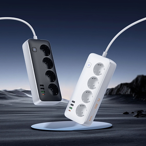 Сетевой фильтр на 4 розетки+3 USB+1 PD(30Вт), 1.5 м, AC22, Sunlight, HOCO, черный
