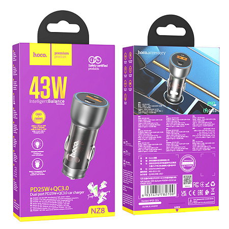 Автомобильное зарядное устройство, 1 USB QC3.0+1 PD 25W (NZ8), HOCO, коричневый