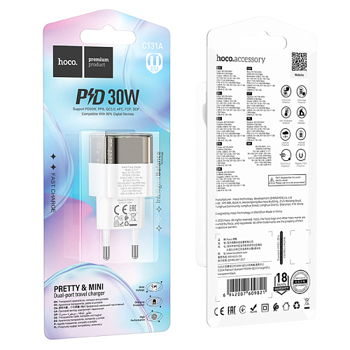 Сетевое зарядное устройство, 1 PD 30W + 1 USB 3.0 QC (C131A), HOCO, прозрачный с черным
