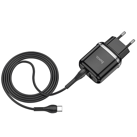 Сетевое зарядное устройство, 2 USB 2.4A 12W (N4), HOCO, Type-C, Умная зарядка, черный