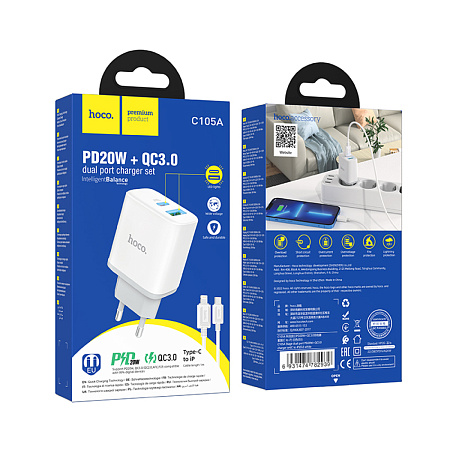 Сетевое зарядное устройство, 1 PD 20W + 1 USB 3.0 QC (C105A), HOCO, Type-C to Lightning, белый