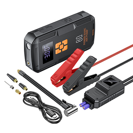 Универсальный Доп. Аккумулятор 8000mAh, QS2, HOCO,12V(запуск двигателя авто)+2USB (5V/2A)+компрессор+фонарик, черный