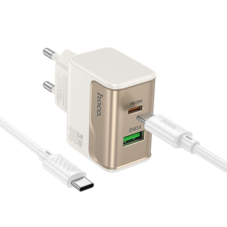 Сетевое зарядное устройство, 1 PD 30W + 1 USB 3.0 QC (CS73A), HOCO, Type-C to Type-C, белый