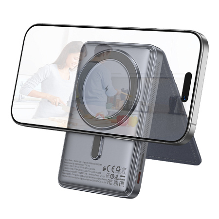 Универсальный Доп. Аккумулятор 5000mAh, Q46, HOCO, 1 PD 20W, беспроводная зарядка, карман для карты, с подставкой, серый