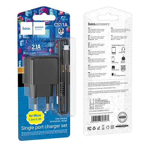 Сетевое зарядное устройство, 1 USB 2.1A (CS11A), HOCO, Micro, черный