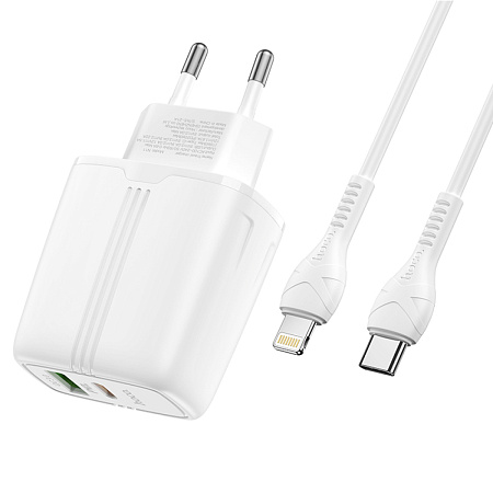 Сетевое зарядное устройство, 1 PD 20W + 1 USB 3.0 QC (N11), HOCO, Безопасный сертификат, Type-C to Lightning, белая