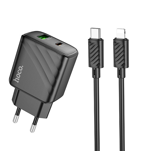 Сетевое зарядное устройство, 1 PD 30W + 1 USB 3.0 QC (CS23A), HOCO, Type-C to Lightning, черный