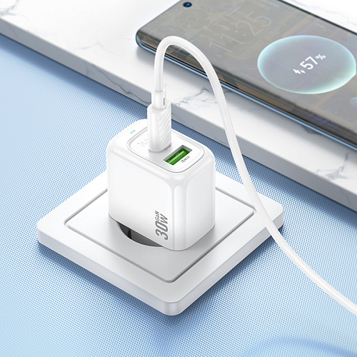 Сетевое зарядное устройство, 1 PD 30W + 1 USB 3.0 QC (CS55A), HOCO, Type-C to Type-C, белый