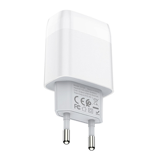 Сетевое зарядное устройство, 2 USB 2.4A (C73A), HOCO, белый