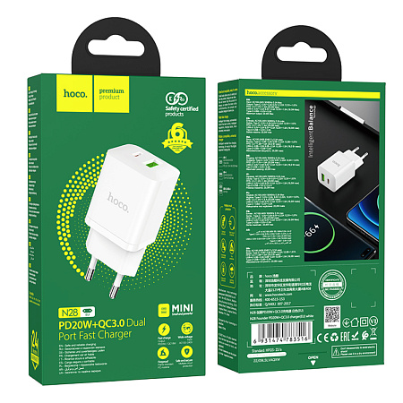 Сетевое зарядное устройство, 1 PD 18W + 1 USB 3.0 QC (N28), HOCO, белый