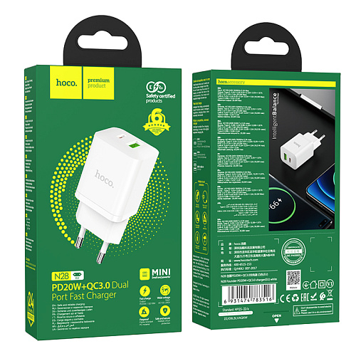 Сетевое зарядное устройство, 1 PD 18W + 1 USB 3.0 QC (N28), HOCO, белый