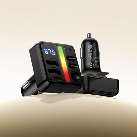 Bluetooth FM модулятор, E89, HOCO, 1 PD (30Вт)+1 USB 3A (15Вт)+1 USB 5V/0,5A (для USB накопителя), черный