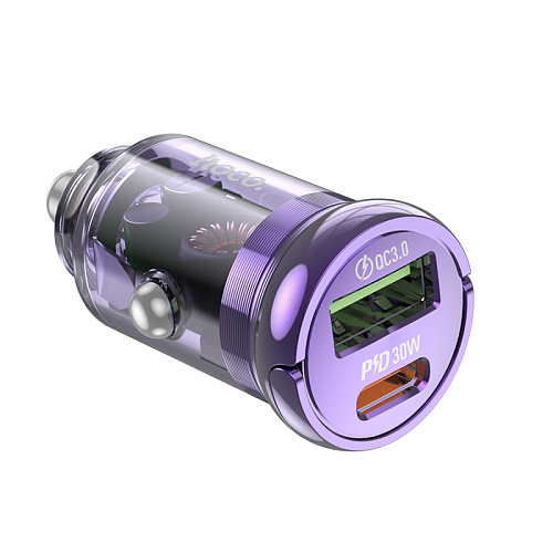 Автомобильное зарядное устройство, 1 USB 18W+1 PD 30W (Z53A), HOCO, фиолетовый с прозрачным