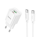 Сетевое зарядное устройство, 1 PD 20W + 1 USB 3.0 QC (C147A), HOCO, Type-C to Type-C, мини, белый