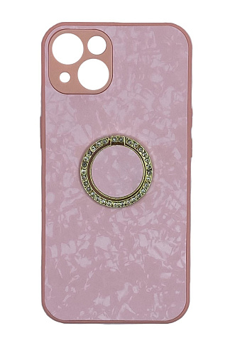 Чехол силиконовый для iPhone 13 (6.1), с подставкой кольцом на палец со стразами, X-CASE, розовый