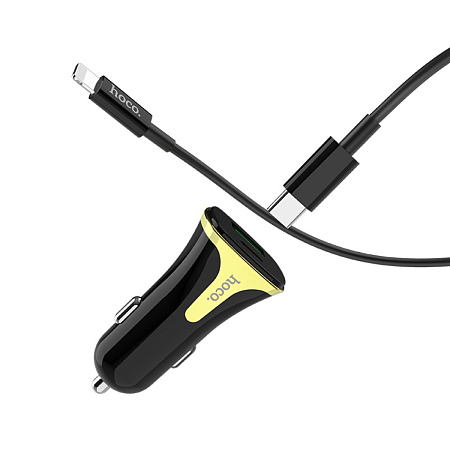 Автомобильное зарядное устройство, 1 USB QC3.0+1 PD (Z31A), HOCO, кабель Type-С to Lightning, черный