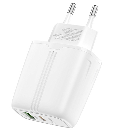 Сетевое зарядное устройство, 1 PD 20W + 1 USB 3.0 QC (N11), HOCO, Безопасный сертификат, белая