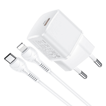 Сетевое зарядное устройство, 1 PD 20W + 1 USB 3.0 QC (N10), HOCO, Type-C to Lightning, mini, Умная зарядка, белый