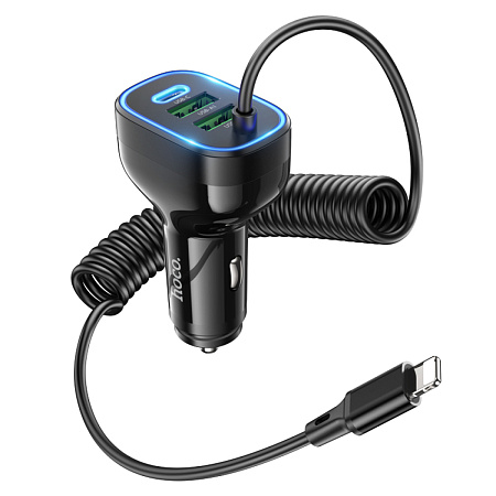 Автомобильное зарядное устройство, 2 USB QC3.0 18W, 1 PD 30W (NZ11A), HOCO, кабель Lightning, черный