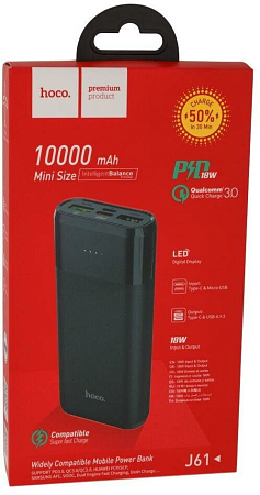 Универсальный Доп. Аккумулятор 10000mAh, J61, PD 18W+QC3.0, Hoco, черный