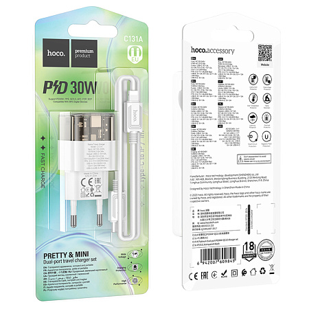 Сетевое зарядное устройство, 1 PD 30W + 1 USB 3.0 QC (C131A), HOCO, Type-C to Lightning, прозрачный с черным