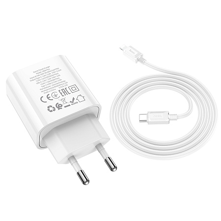 Сетевое зарядное устройство, 1 PD 20W + 1 USB 3.0 QC (C80A Plus), HOCO, Type-C to Lightning, белый