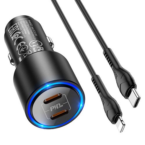 Автомобильное зарядное устройство, 2 PD QC3.0 40W (NZ3), HOCO, кабель Type-C to Lightning, черный