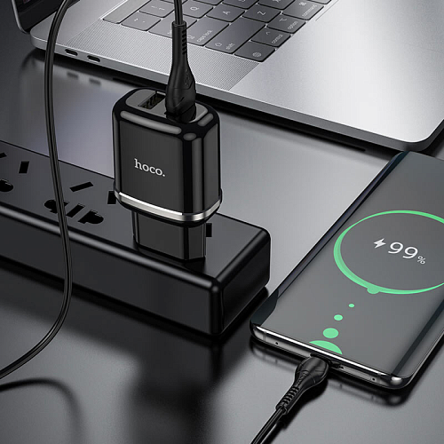 Сетевое зарядное устройство, 2 USB 2.4A 12W (N4), HOCO, Lightning, Умная зарядка, черный