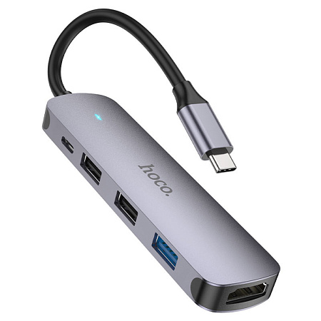 USB Хаб (HB27) c 1 Type-C на 1 USB 3.0 + 2 USB 2.0+USB-C+HDMI, HOCO, металлический серый