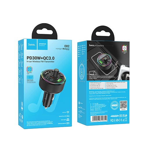 Bluetooth FM модулятор, E82, HOCO, 1 PD (30W), 1 USB (QC), черный