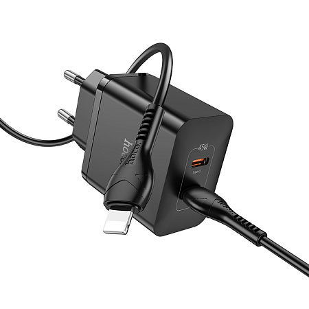 Сетевое зарядное устройство, 2 PD 45W (N35), HOCO, Type-C to Lightning, черный