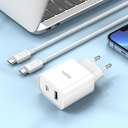 Сетевое зарядное устройство, 1 PD 20W + 1 USB 3.0 QC (C80A Plus), HOCO, Type-C to Type-C, белый