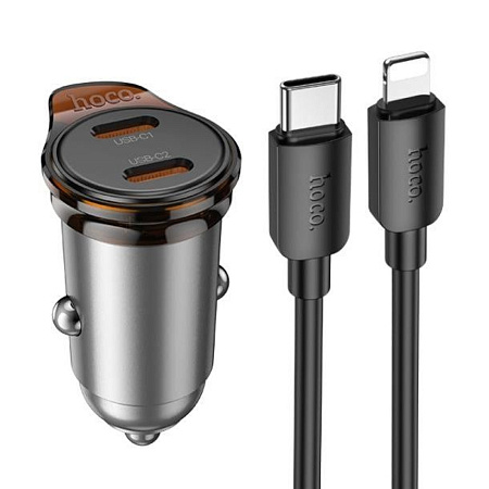 Автомобильное зарядное устройство, 2 PD 45W (NZ16B), HOCO, Type-C to Lightning, серый