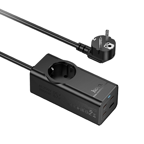 Сетевой фильтр на 1 розетка+1 USB+3 PD (67W), 2м, NS9, HOCO, черный