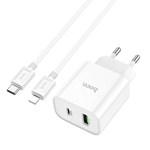 Сетевое зарядное устройство, 1 PD 20W + 1 USB 3.0 QC (C80A Plus), HOCO, Type-C to Lightning, белый
