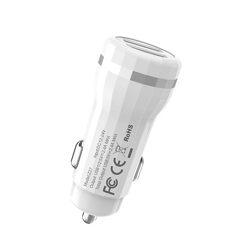 Автомобильное зарядное устройство, 2 USB 2.4A (Z27), HOCO, белый