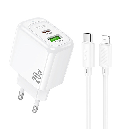 Сетевое зарядное устройство, 1 PD 20W + 1 USB 3.0 QC (CS54A), HOCO, Type-C to Lightning, белый