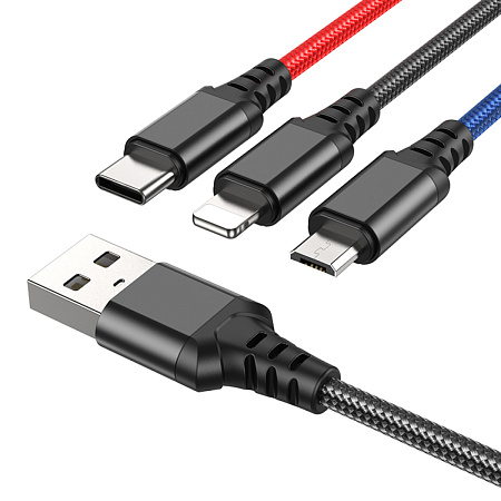 USB дата кабель Lightning+Micro+Type-C, X76, HOCO, черный, красный, синий