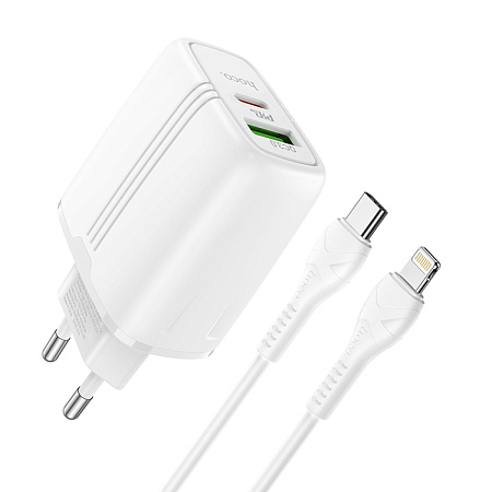 Сетевое зарядное устройство, 1 PD 20W + 1 USB 3.0 QC (N11), HOCO, Безопасный сертификат, Type-C to Lightning, белая