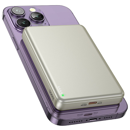 Универсальный Доп. Аккумулятор 10000mAh, Q26A, HOCO, 1 PD 20W, беспроводная зарядка (MagSafe), титановое золото