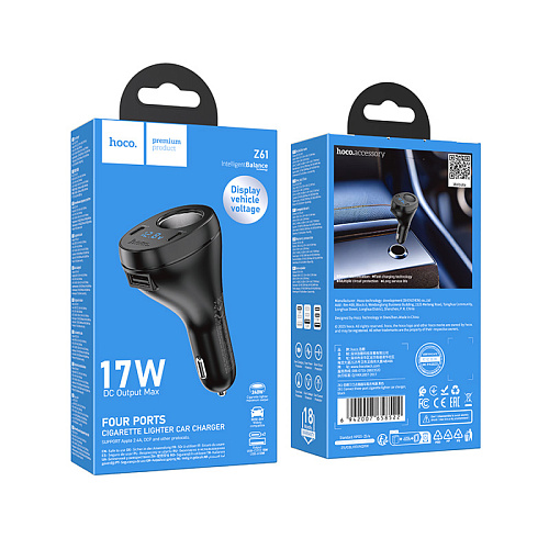 Разветвитель прикуривателя на 2 PD +1 USB +1 прикуриватель, Z61, с дисплеем, черный