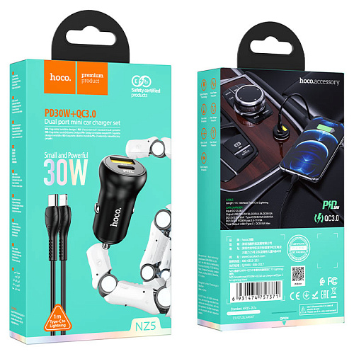 Автомобильное зарядное устройство, 1 USB QC3.0+1 PD 30W (NZ5), HOCO, кабель Type-C to Lightning, черный