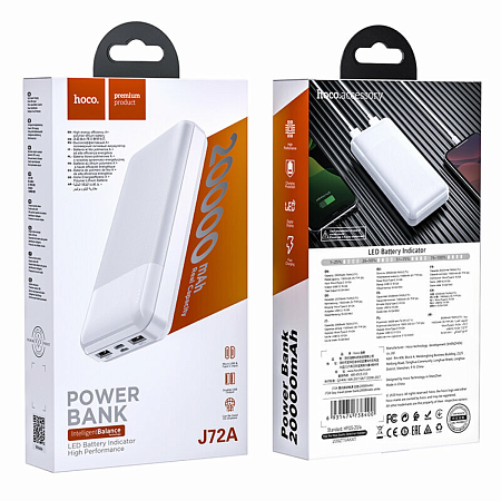 Универсальный Доп. Аккумулятор 20000mAh, J72A, HOCO, 2 USB (5V/2.0A), белый