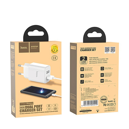 Сетевое зарядное устройство, 2 USB 2.1A (C62A), HOCO, Micro, Умная зарядка, белый