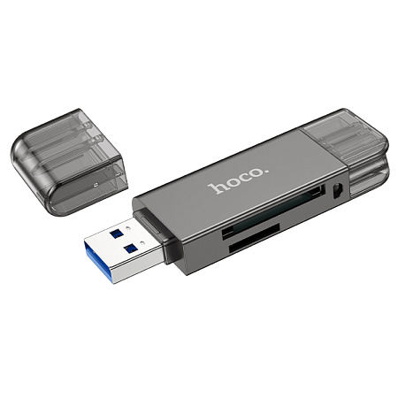 Картридер, USB/Type-C 3.0, HB39, HOCO, поддержка TF/SD карт, серый